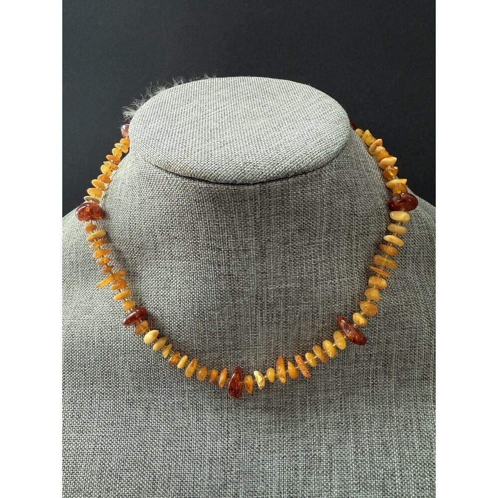 Vintage Amber Necklace Beaded Choker Collar Cognac Nuggets Bead Boho 18”